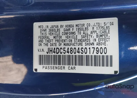 2004 Acura Rsx from USA, damaged, VIN JH4DC54804S017900